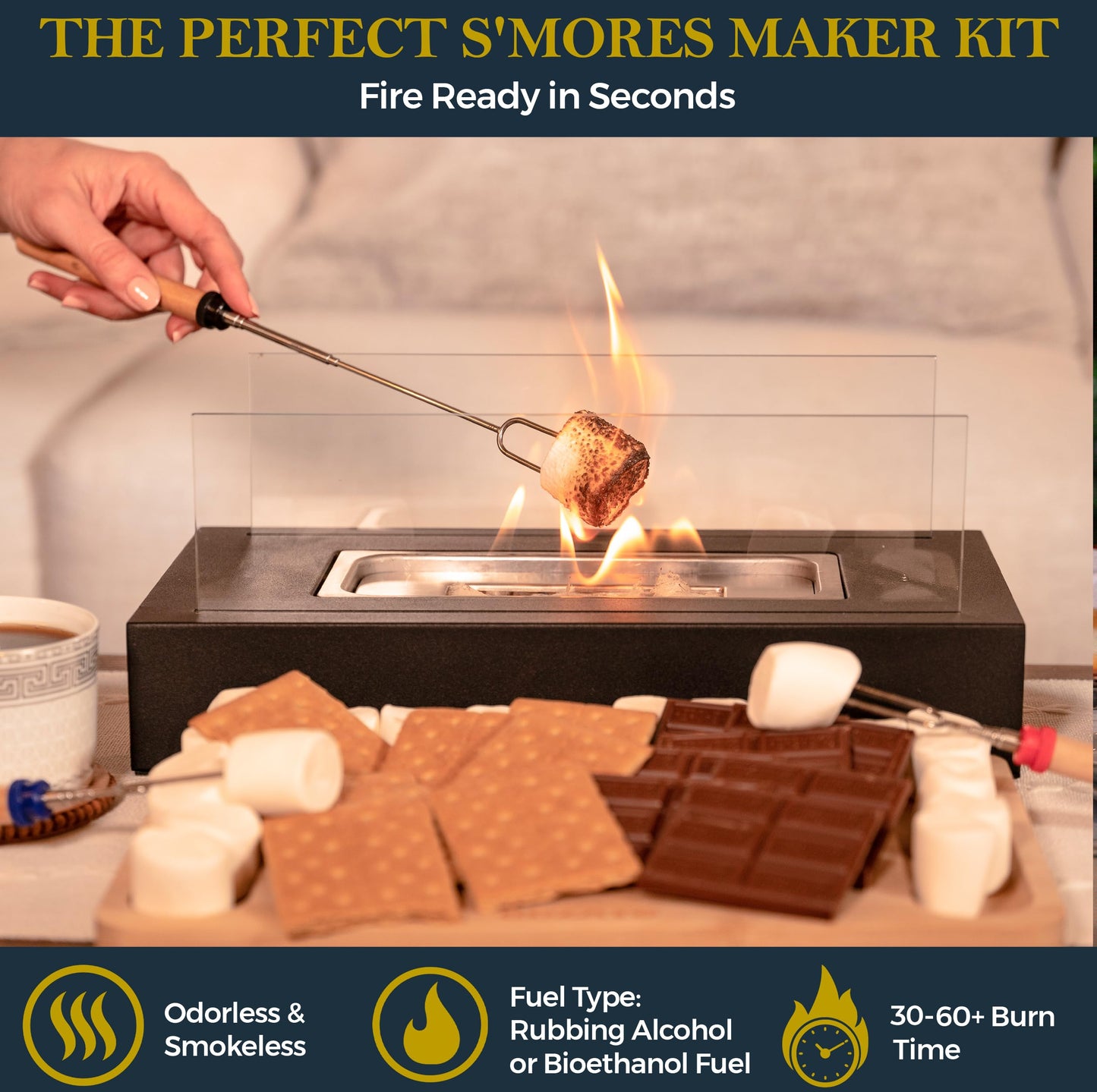 Tabletop Fire Pit with Smores Maker Kit Portable Indoor/Outdoor Mini Small Fireplace Table Top Decor Home Patio Balcony Backyard Gifts for Women Mom Her Wedding Mothers Day Housewarming Birthday Gift - The Home Nourisher