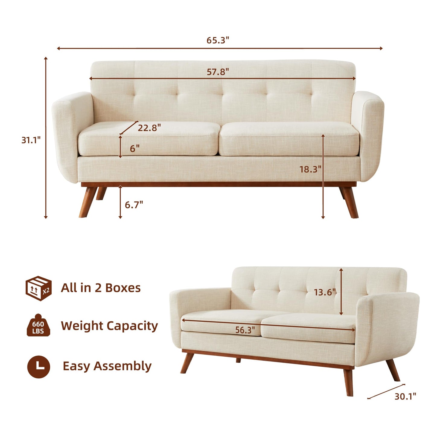 Kingfun 65.3" W Loveseat Sofa, Mid Century Modern Decor Love Seat Couches for Living Room, Button Tufted Upholstered Furniture, Solid & Easy to Install Small Couch for Bedroom Office Apartment, Beige