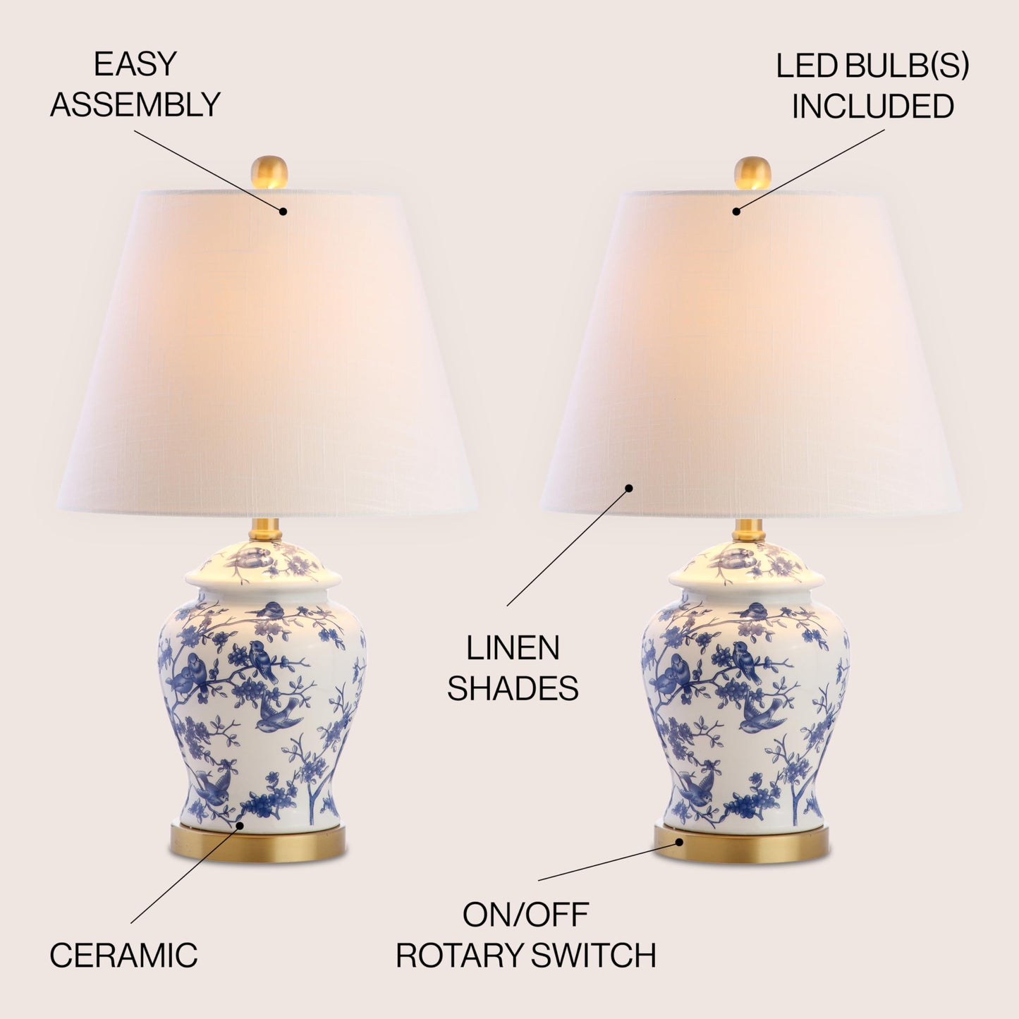 JONATHAN Y JYL3005A-SET2 Set of 2 Table Lamps Penelope 22" Chinoiserie Classic,Cottage,Traditional,for Bedroom, Living Room, Office, College Dorm, Coffee Table, Bookcase, Blue/White